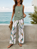 Damen Geblümt Rundhals Ärmellos Bequem Lässig Print Bluse mit Hose Zweiteiliges Set