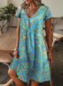 Damen Geblümt Sommer Print Kleid V-Ausschnitt Kurzarm T-Shirt-Kleid H-Linie Kleid