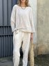 Damen Unifarben Rundhals Langarm Bequem Lässig Bluse mit Hose Zweiteiliges Set