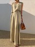 Damen Unifarben Rundhals Ärmellos Bequem Lässig Bluse mit Hose Zweiteiliges Set