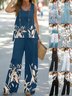 Damen Geometrisch Rundhals Ärmellos Bequem Retro Bluse mit Hose Zweiteiliges Set