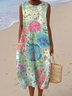 Damen Geblümt Sommer Kleid Rundhals Ärmellos A-Linien-Kleid