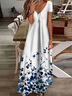 Damen Geblümt Sommer Print Kleid V-Ausschnitt Kurzarm X-Linie Kleid
