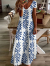 Damen Geblümt Sommer Print Kleid V-Ausschnitt Kurzarm X-Linie Kleid