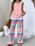 Damen Gestreift Zweiteiliges Set Täglich Ärmellos Lässig Sommer Bluse mit Hose Matching Set