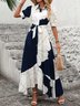 Damen Geometrisch Puffärmel Sommer Print Kleid V-Ausschnitt Kurzarm Blusenkleid A-Linien-Kleid