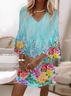 Damen Geblümt Sommer Print Kleid V-Ausschnitt Halbarm H-Linie Kleid