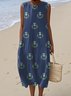 Damen Geblümt Sommer Kleid Rundhals Ärmellos A-Linien-Kleid