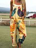 Damen Tier Karree-Ausschnitt Gallus Lässig Sommer Baumwolle Leinen Jumpsuit