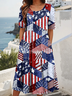 Damen Amerika-Flagge Sommer Kleid Rundhals Kurzarm A-Linien-Kleid