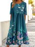 Damen Geblümt Sommer Kleid Rundhals Kurzarm A-Linien-Kleid