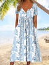 Damen Geometrisch Sommer Kleid Halb offener Kragen Halbarm A-Linien-Kleid