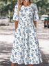 Damen Geblümt Sommer Kleid Rundhals Halbarm A-Linien-Kleid