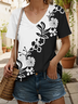 Lässig Geblümt V-Ausschnitt Kurzarm T-Shirt