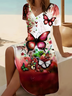 Damen Geblümt Sommer Print Kleid V-Ausschnitt Kurzarm Passen & Flare Kleid A-Linien-Kleid