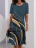 Damen Abstrakt Sommer Print Kleid Rundhals Kurzarm Tunika H-Linie Kleid