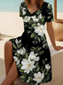 Damen Geblümt Sommer Print Kleid V-Ausschnitt Kurzarm Passen & Flare Kleid A-Linien-Kleid