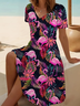 Damen Flamingo Sommer Print Kleid V-Ausschnitt Kurzarm Passen & Flare Kleid A-Linien-Kleid