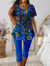 Damen Geblümt Zweiteiliges Set Täglich Kurzarm Lässig Sommer Bluse mit Hose Matching Set