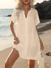 Damen Unifarben Sommer Kleid V-Ausschnitt Kurzarm Etuikleid H-Linie Kleid