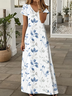 Damen Geblümt Sommer Print Kleid V-Ausschnitt Kurzarm X-Linie Kleid