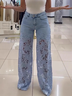 Hohe Taille Hose mit Weitem Bein für Damen modisch Temperament Vielseitig Hohl Spitze Spleißen Denim drapieren Hose