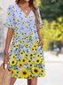 Damen Unifarben Sommer Kleid V-Ausschnitt Kurzarm Passen & Flare Kleid A-Linien-Kleid