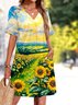 Damen Unifarben Sommer Kleid V-Ausschnitt Kurzarm Passen & Flare Kleid A-Linien-Kleid