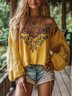Schulterfrei Ballon-Ärmel Langarm Geblümt Pullover Print Leicht Weit Bluse für Damen