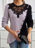 Schmal Passen Spitze Rundhals Farbe Matching Gerippt Kreuz Saum Langarm Gestrickt Elegant Pendler T-Shirt Oberteile