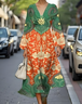 Damen Gestreift Puffärmel Frühling/Herbst Kleid V-Ausschnitt Langarm A-Linien-Kleid