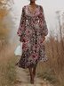 Damen Geblümt Puffärmel Frühling/Herbst Kleid V-Ausschnitt Langarm A-Linien-Kleid