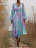 Damen Geblümt Puffärmel Frühling/Herbst Kleid V-Ausschnitt Langarm A-Linien-Kleid