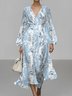 Damen Gestreift Puffärmel Frühling/Herbst Kleid V-Ausschnitt Langarm A-Linien-Kleid