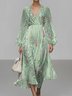 Damen Gestreift Puffärmel Frühling/Herbst Kleid V-Ausschnitt Langarm A-Linien-Kleid