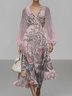 Damen Geblümt Puffärmel Frühling/Herbst Kleid V-Ausschnitt Langarm A-Linien-Kleid