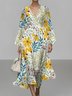 Damen Geblümt Puffärmel Frühling/Herbst Kleid V-Ausschnitt Langarm A-Linien-Kleid