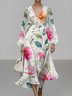Damen Geblümt Puffärmel Frühling/Herbst Kleid V-Ausschnitt Langarm A-Linien-Kleid