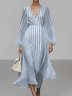 Damen Gestreift Puffärmel Frühling/Herbst Kleid V-Ausschnitt Langarm A-Linien-Kleid