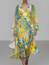 Damen Geblümt Puffärmel Frühling/Herbst Kleid V-Ausschnitt Langarm A-Linien-Kleid