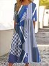 Damen Gestreift Sommer Kleid Rundhals Kurzarm A-Linien-Kleid