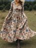 Damen Geblümt Frühling/Herbst Kleid V-Ausschnitt Langarm A-Linien-Kleid