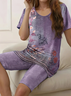 Damen Geblümt Print Zweiteiliges Set Täglich Kurzarm Lässig Sommer Bluse mit Hose Matching Set