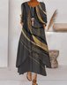 Damen Gestreift Sommer Kleid Rundhals Langarm Blusenkleid A-Linien-Kleid