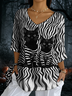 Retro Katze Rundhals Dreiviertelärmel T-Shirt