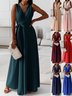 Damen Unifarben Sommer Nahtverarbeitung Kleid V-Ausschnitt Ärmellos Tanktop A-Linien-Kleid