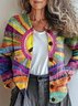Damen Gestrickt Gestreift Langarm Bequem Retro Strickjacke