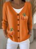 Damen Baumwolle Kürbismuster Langarm Bequem Lässig Strickjacke