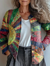 Damen Abstrakt Langarm Bequem Retro Print Strickjacke