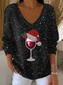 Damen Wein Glas Weihnachtsmütze Print V-Ausschnitt Pullover